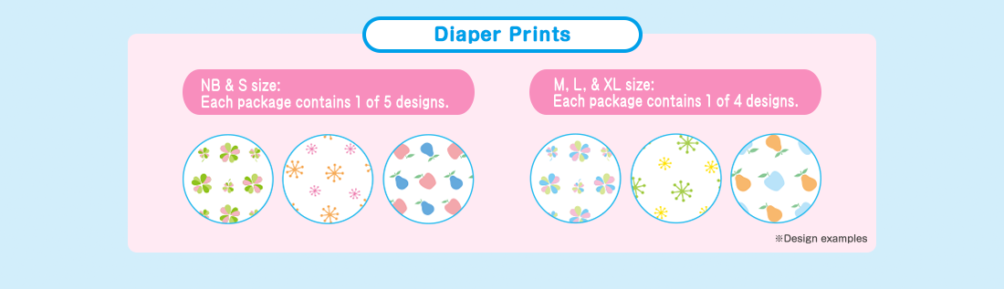 Diaper Prints NB & S size: Each package contains 1 of 5 designs. M, L, & XL size: Each package contains 1 of 4 designs.