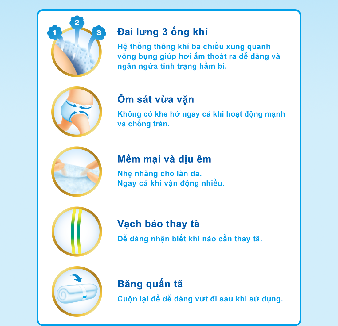 Đai lưng 3 ống khí Hệ thống thông khí ba chiều xung quanh vòng bụng giúp hơi ẩm thoát ra dễ dàng và ngăn ngừa tình trạng hầm bí.Ôm sát vừa vặn Không có khe hở ngay cả khi hoạt động mạnh và chống tràn.Mềm mại và dịu êm Nhẹ nhàng cho làn da.  Ngay cả khi vận động nhiều.Vạch báo thay tã Dễ dàng nhận biết khi nào cần thay tã.Băng quấn tã Cuộn lại để dễ dàng vứt đi sau khi sử dụng.