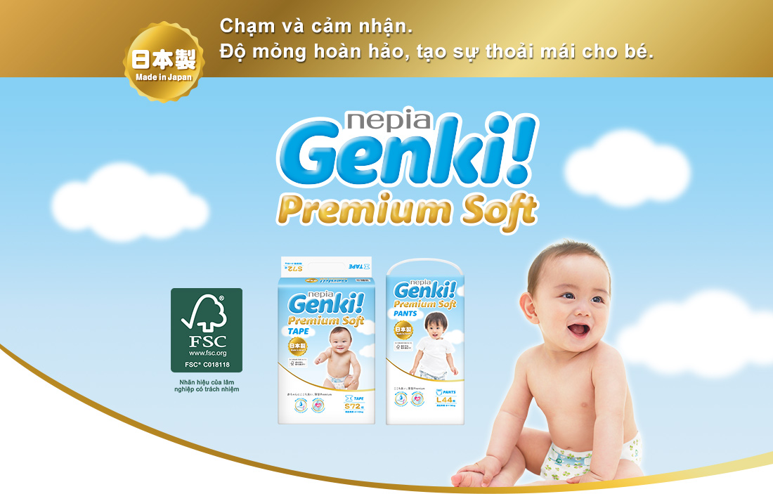 Chạm và cảm nhận.Độ mỏng hoàn hảo, tạo sự thoải mái cho bé. nepia Genki! Premium Soft