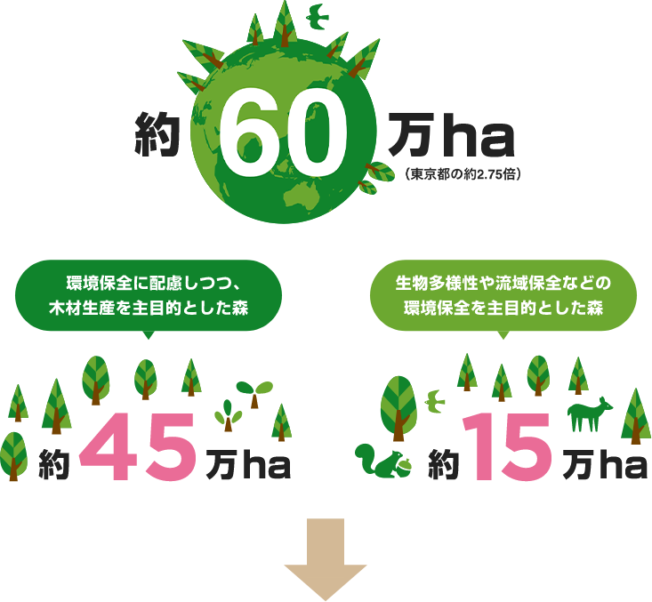 約58万ha（東京都の約2.5倍）環境保全に配慮しつつ、木材生産を主目的とした森 約45万ha 生物多様性や流域保全などの環境保全を主目的とした森 約13万ha